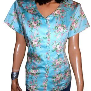 Voodoo Vixen Baby Blue Floral Blouse XL NWT
